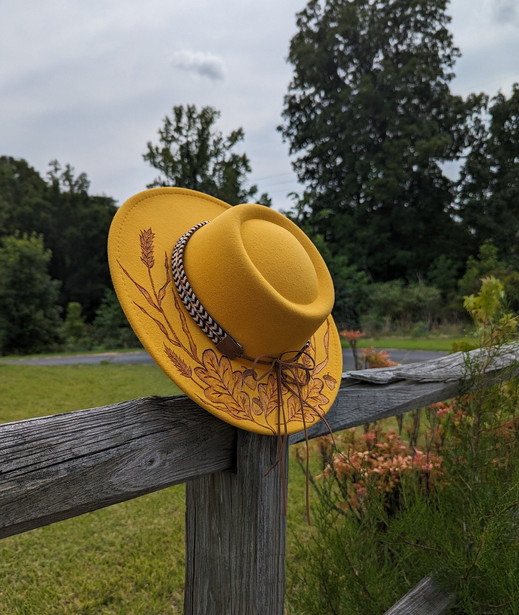 Wheat Hat, Woodburnt Hat, Wide Brim Boater Hat, Leaf  display picture 2