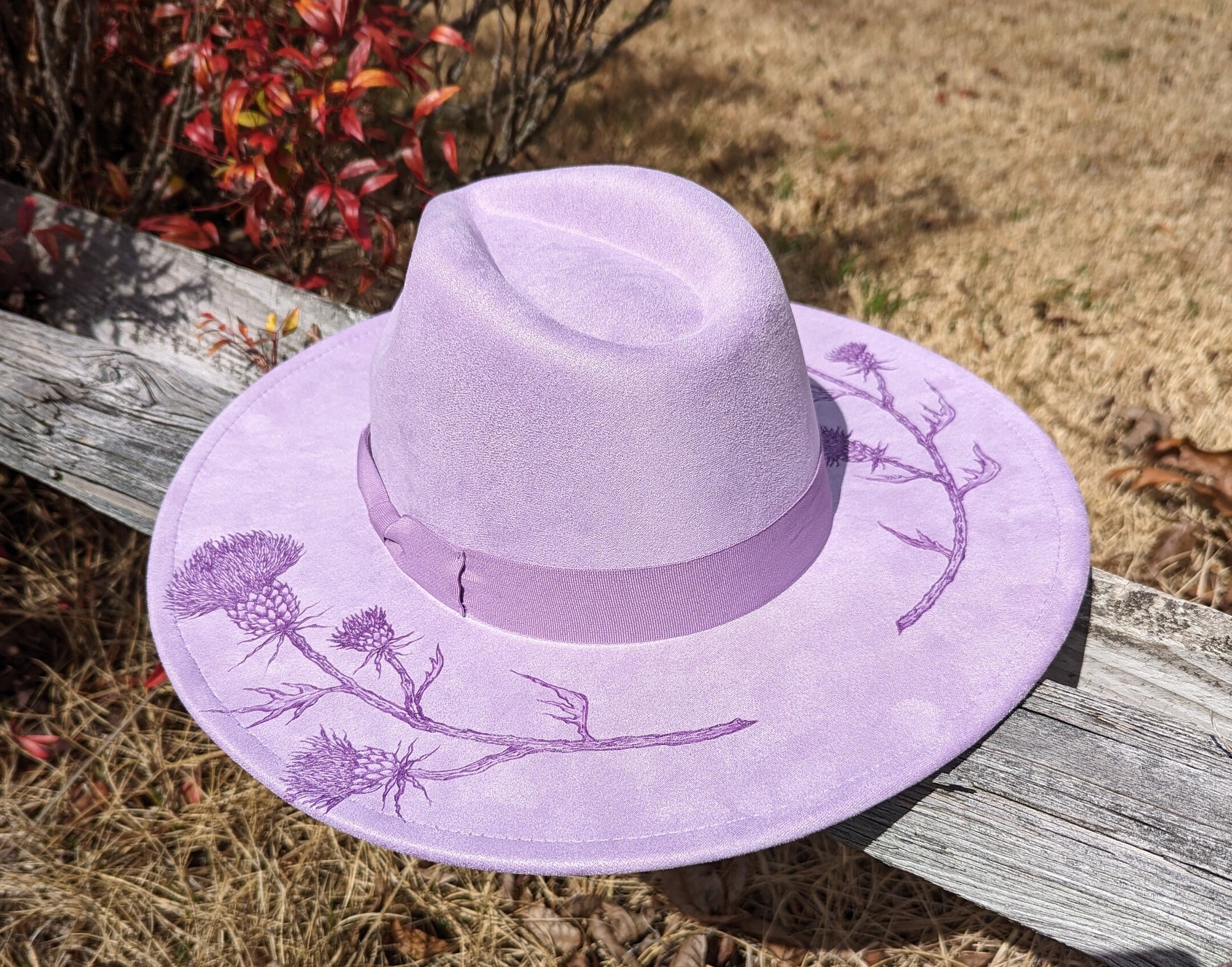 Corrals Designs Hats Lavender Wide-Brim Fedora Hand Burned with Flowers Full Custom Freehand Burnt Design Fedora Hats – Indiginize  main image 2