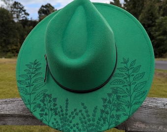 Chapeau végétal, Fedora brûlé, Chapeau à bord large brûlé, femmes sauge persil, accessoires botaniques, vêtements inspirés de la nature, vêtements de sorcière verte