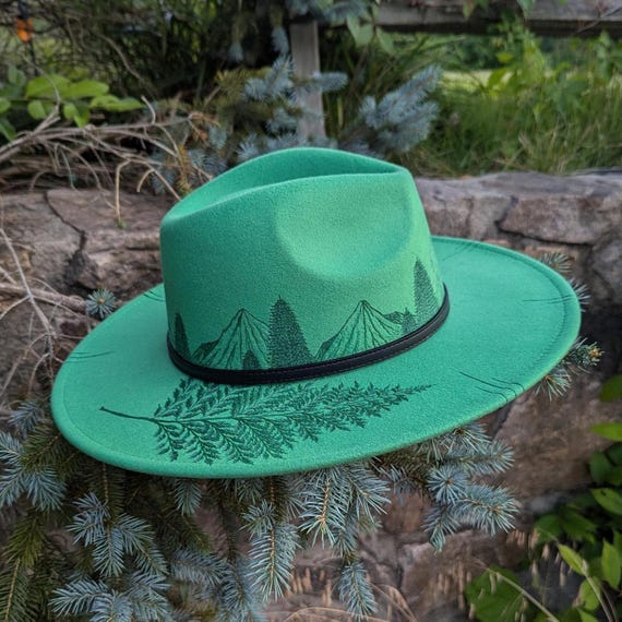 Fern Hat, Burned Wide Brim Hat, Woodland Hat, Boho Fedora, Cottagecore Accessories, Mountain Lover Gift, Woodsy Gifts, Pine Tree Gifts,