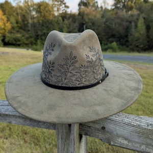 Herb Hat, Herbal Witch Hat, Olive Green Burned Fedora, Vegan  display picture 1