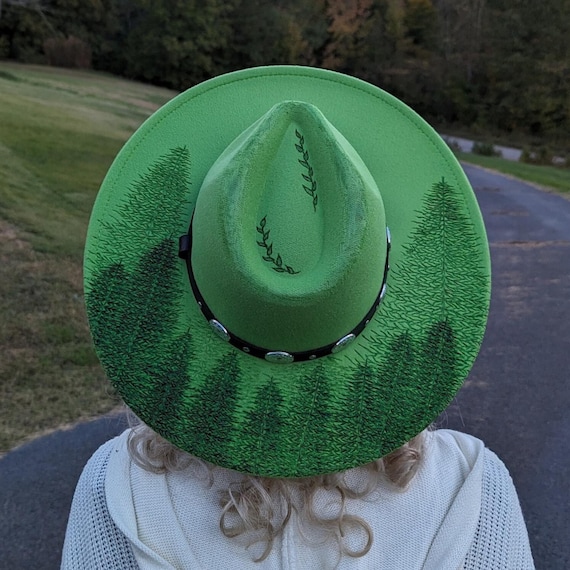 Woodland Hat, Woodburned Hat, Pine Tree Hat, Distressed Fedora, Burnt Wide Brim Hat, Nature Hat, Forest Hat, Boho Fedora, Lime Green Hat
