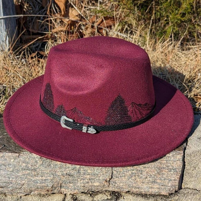 Chapeau brûlé montagne, fedora bordeaux, petit chapeau à bord, chapeau d'automne, mode nature, vêtements bohèmes occidentaux, accessoires de cow-girl, vêtements de randonnée image 11