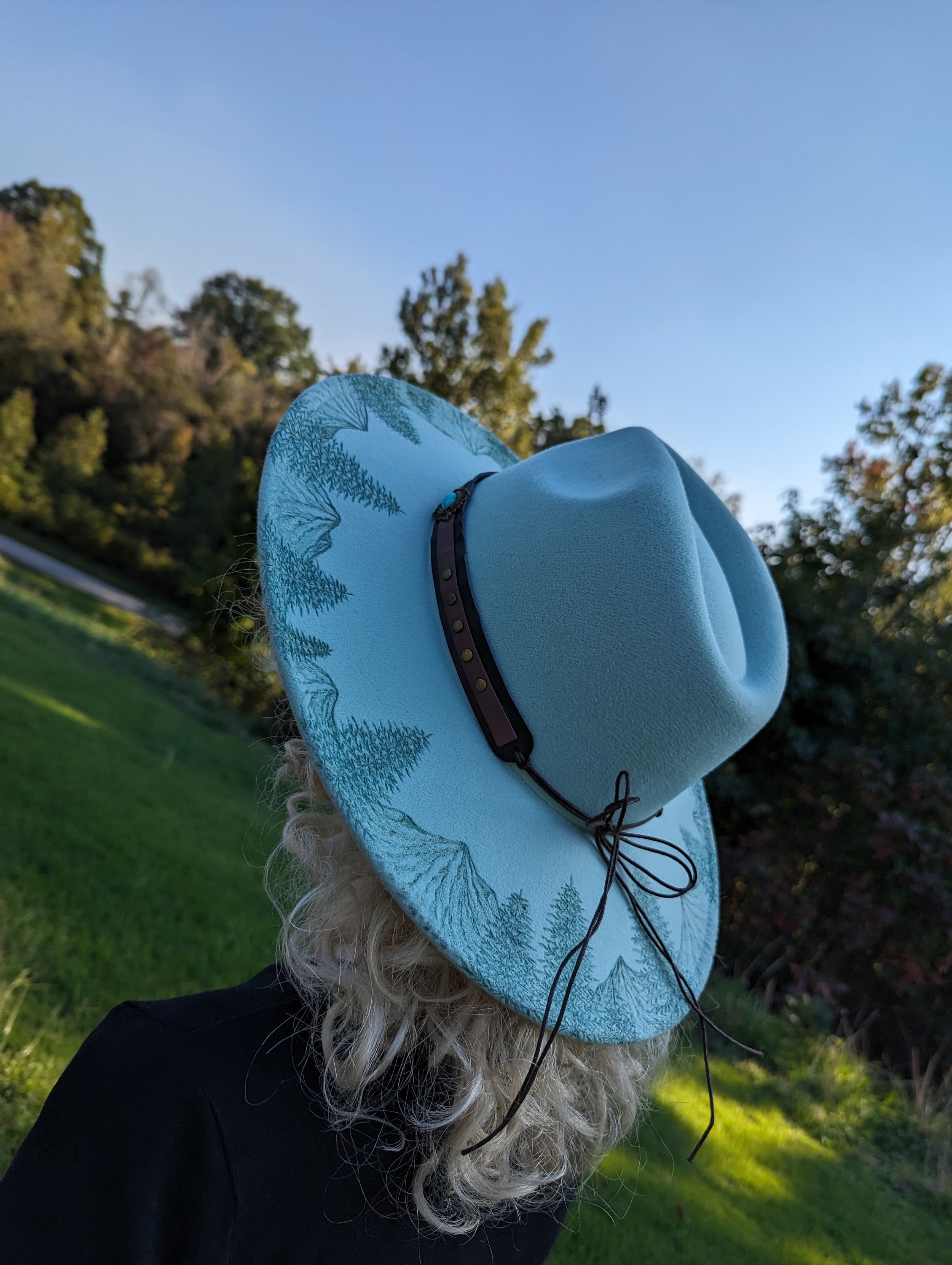 Mountain Hat Pyrography Wide Brim Hat Mint Green Fedora Hat Etsy
