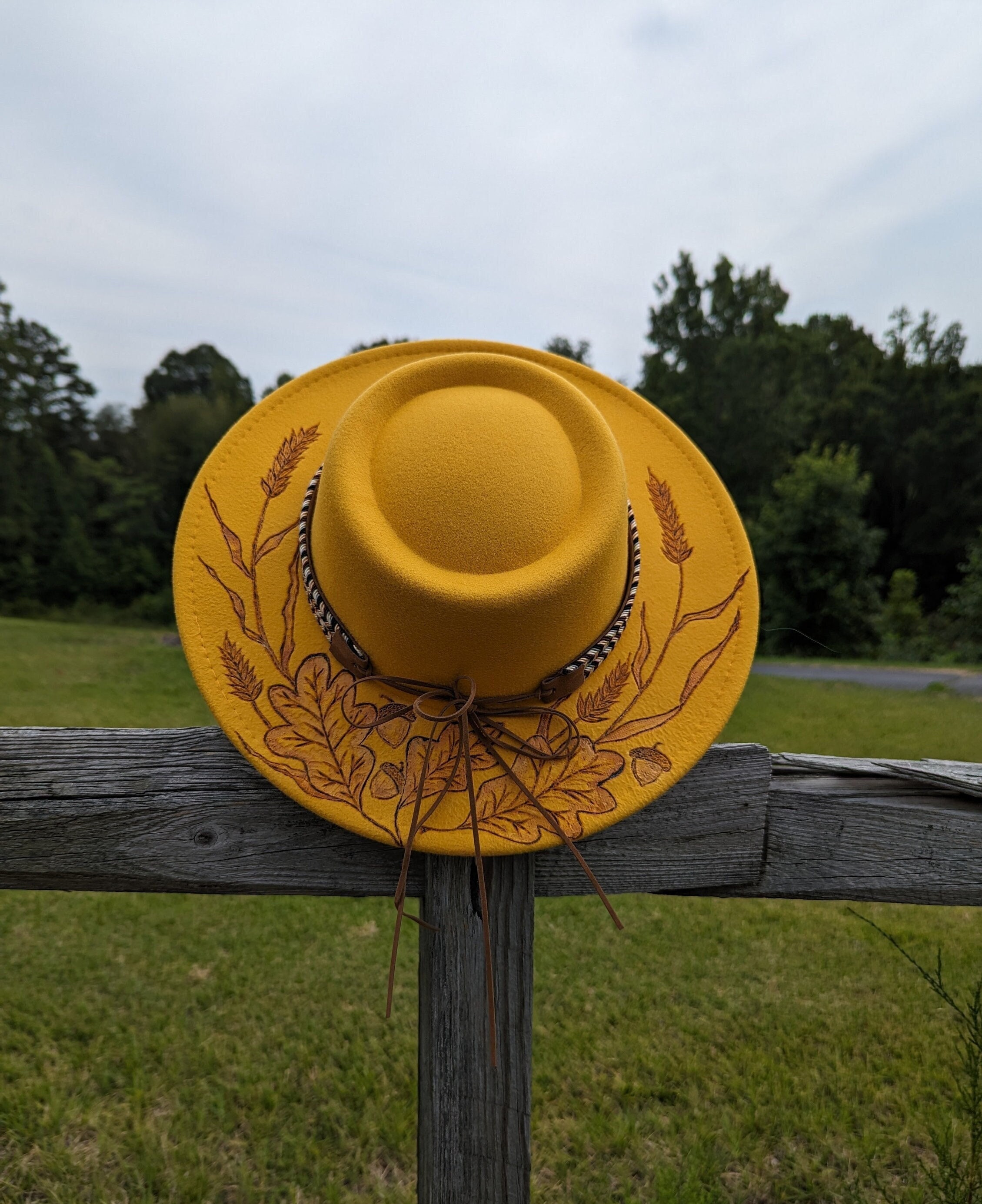 Wheat Hat, Woodburnt Hat, Wide Brim Boater Hat, Leaf Accessory, Cottagecore Gift, Boho Gifts For Her, Nature Gift, Country Gifts For Women