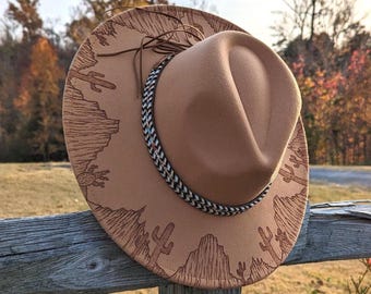 Burnt Desert Hat, Woodburned Hat, Cactus Hat,  Landscape Hat, South Western Hat, Burnt Western Hat, Handburnt Hat, Boho Hat, Desert Gift