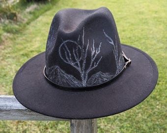 Woodburned Hat, Moon Hat, Hat With Mountains, Landscape Hat, Witchy Fedora, Goth Cowboy Hat, Spooky Gift, Boho Gift, For Women, For Her