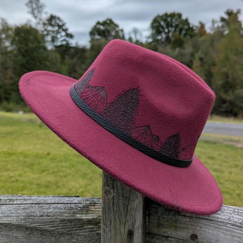 Chapeau brûlé montagne, fedora bordeaux, petit chapeau à bord, chapeau d'automne, mode nature, vêtements bohèmes occidentaux, accessoires de cow-girl, vêtements de randonnée image 5