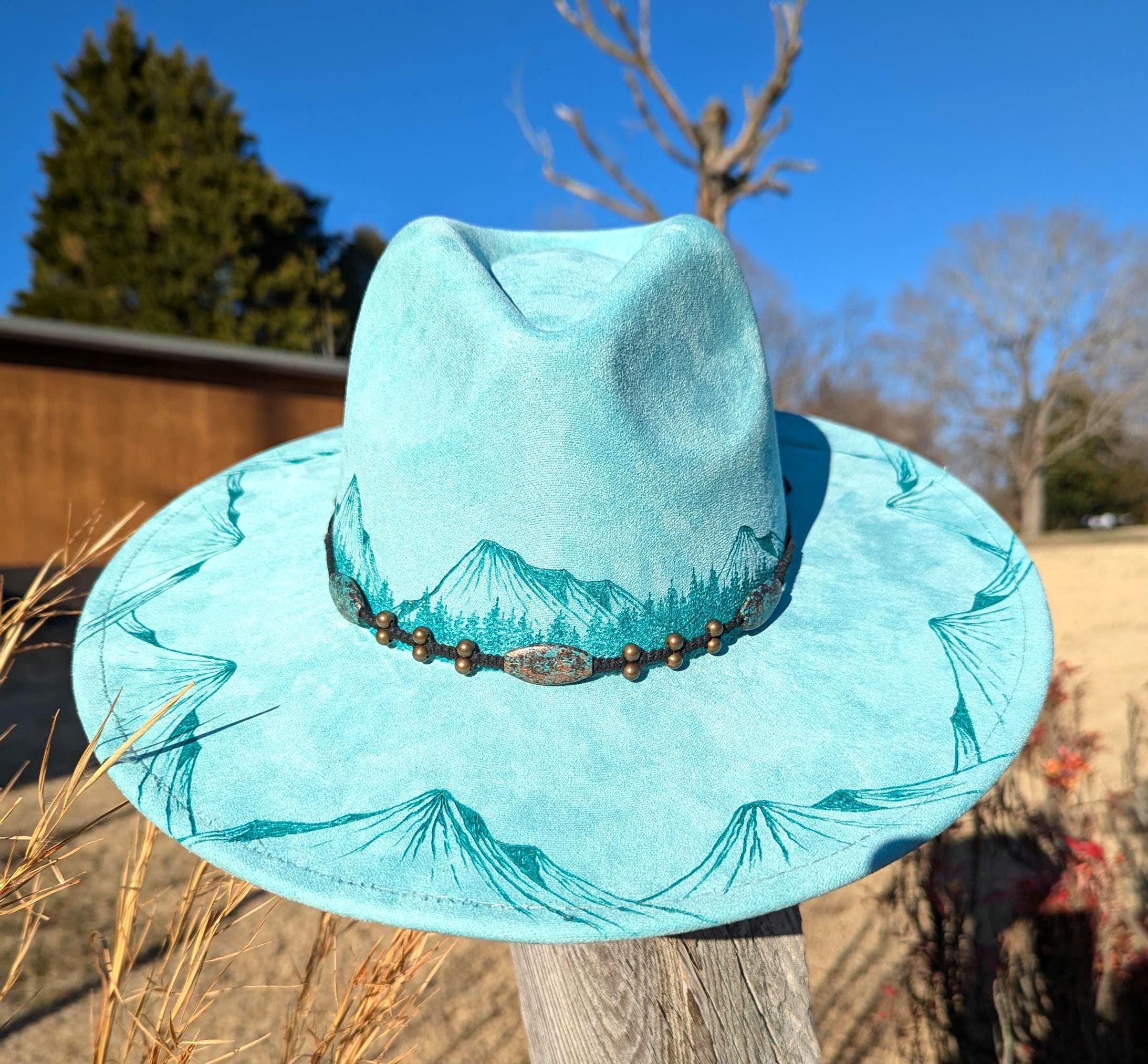 Woodburnt boho vegan suede hat, handburnt design. Teal and adjustable in size Black Floral Suede Burned Hat with Turquoise Lacing  main image 2