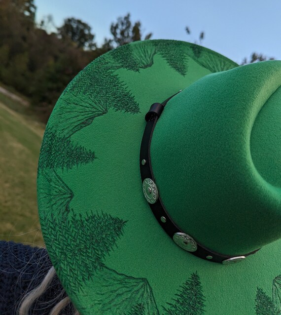 Green Wide Brim Hat with Mountain and Pine Tree Design Pine Ridge Boho Brim Hat - Free Air Life Co main image 4