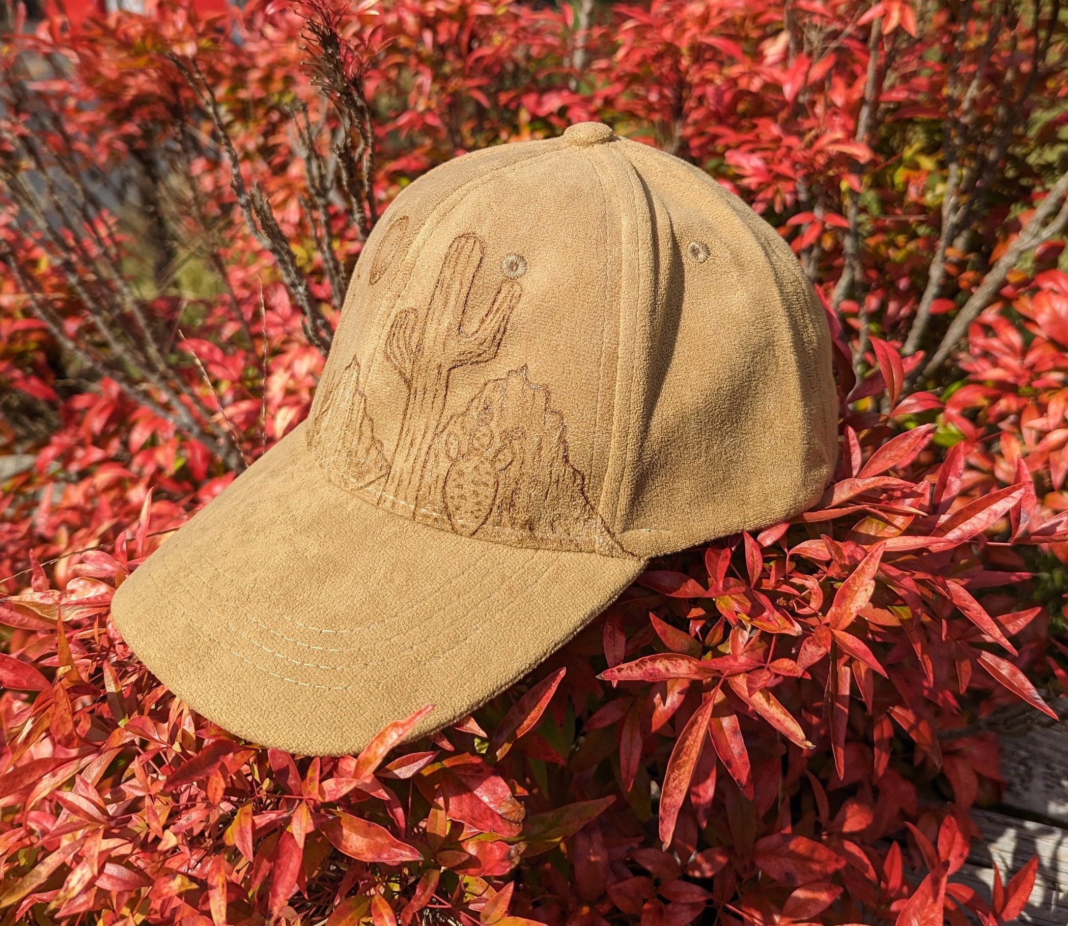 Hand Burned Baseball Cap, Catus Baseball Cap, Nature Baseball Hat