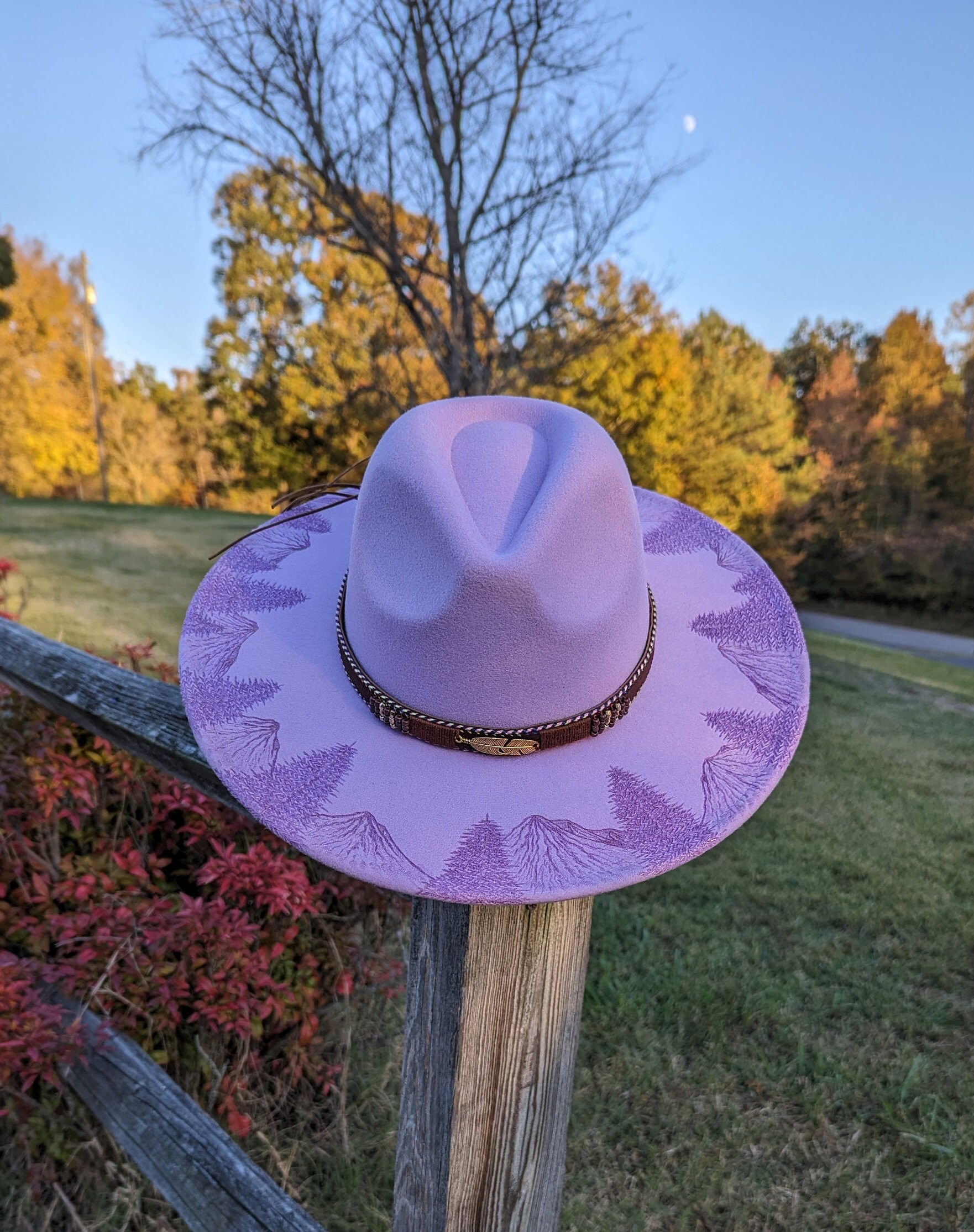 Mountain Hat, Lavender Hat, Wide Brim Fedora, Hand Burned Hat, Western  Gift, Cottagecore Gift, Country Gift, Nature Inspired Gift, for Women -   Australia