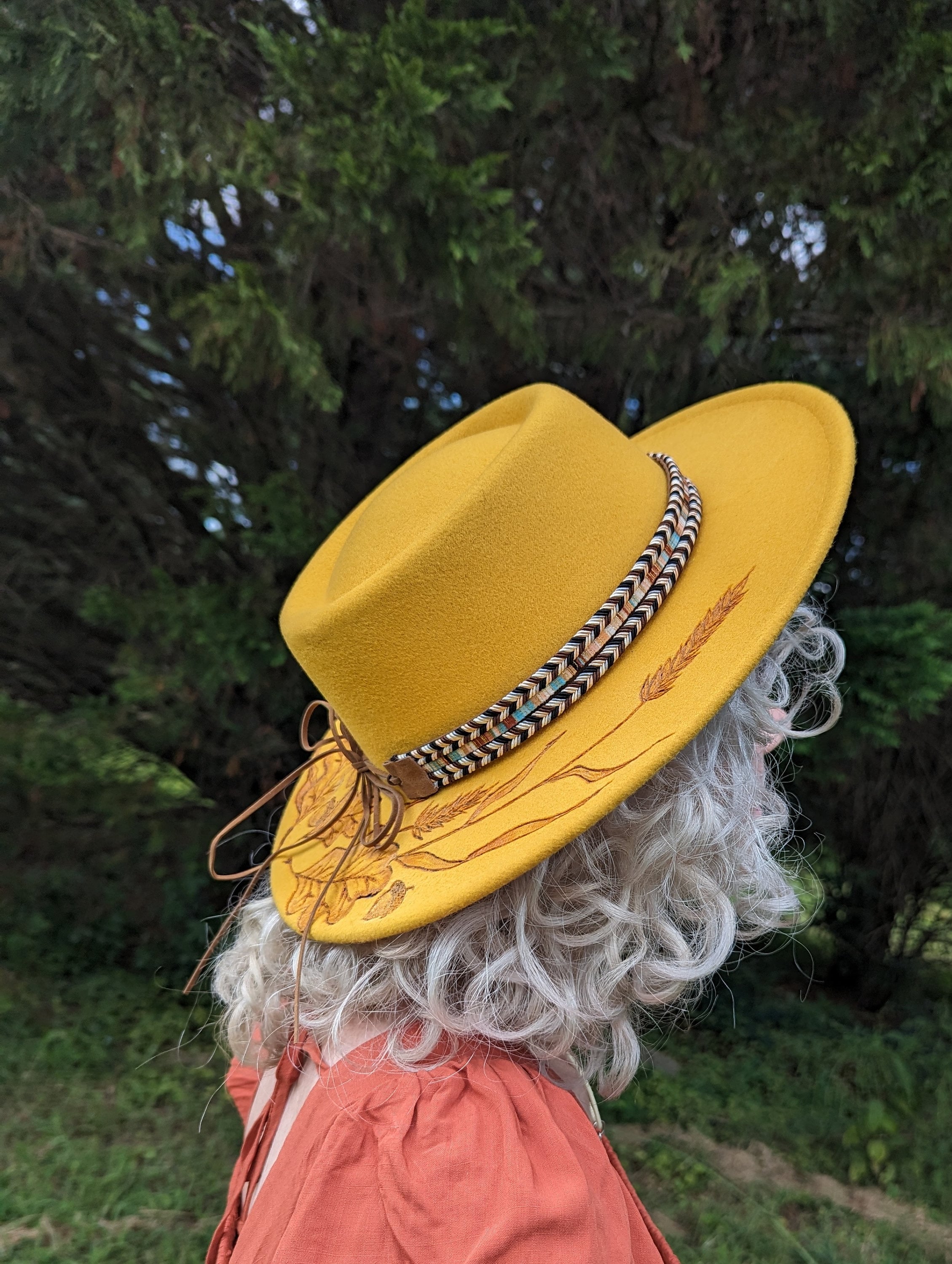 Wheat Hat, Woodburnt Hat, Wide Brim Boater Hat, Leaf 