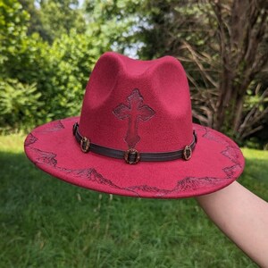 Cross Hat, Mountain Hat, Burnt Fedora Hat, Pyrography Hat, Rodeo Hat, Boho Hat, Country Festival Outfit, Christian Gift, For Women, For Wife