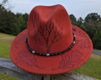 Fall Leaf Hat, Rust Fedora Hat, Burned Hat, Oak Leaf accessory, Witchy Forest Clothes, Autumn Style, Woodland Clothing, Hippie Aesthetic