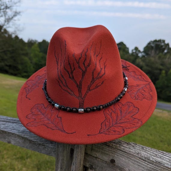 Fall Leaf Hat, Rust Fedora Hat, Burned Hat, Oak Leaf accessory, Witchy Forest Clothes, Autumn Style, Woodland Clothing, Hippie Aesthetic