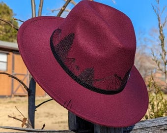 Mountain Burned Hat, Burgundy Fedora, Small Brim Hat, Fall Hat, Nature Fashion, Boho Western Clothes, Cowgirl Accessories, Hiking Apparel