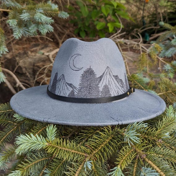 Moon Hat, Gothic Hat, Burned Hats, Small Brim Fedora, Landscape Hat, Witchy Gifts, Mountain Lover Gifts, Boho Goth Apparel, Night Sky Gifts