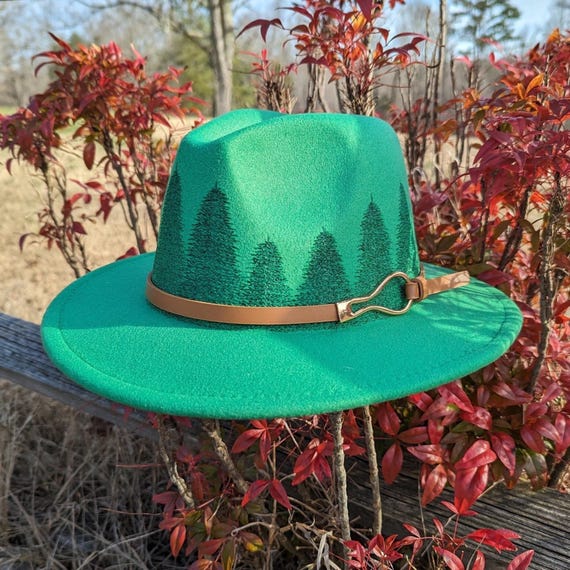 Pine Tree Hat, Small Brim Hat, Hand Burned Hats, Kelly Green, Boho Fedora, Forest Accessories, Nature Inspired Apparel, Hiking Aesthetic