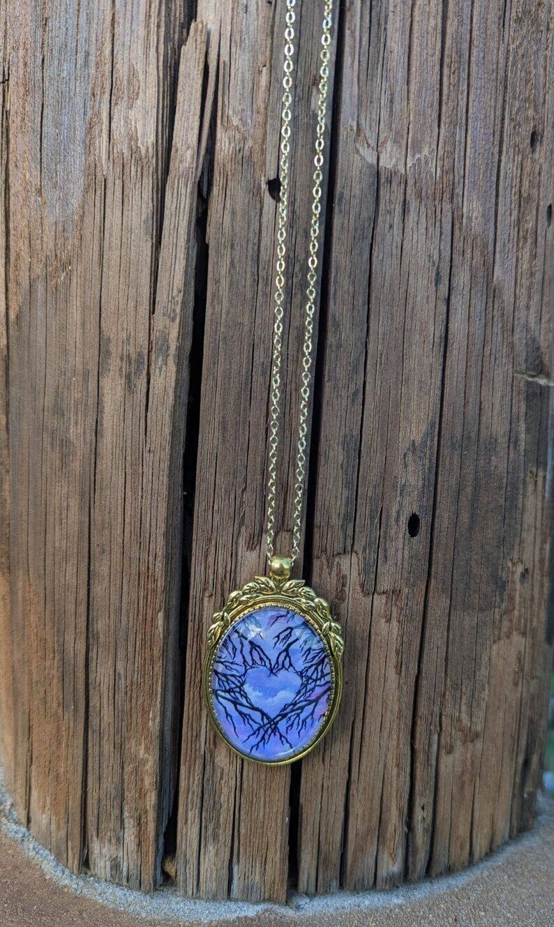 Painting Neckace, Wearable Art Jewelry, Glass Cabochon Necklace, Cloud Jewelry, Gold Oval Necklace, Angelcore Jewelry, Anniversary Gift image 9