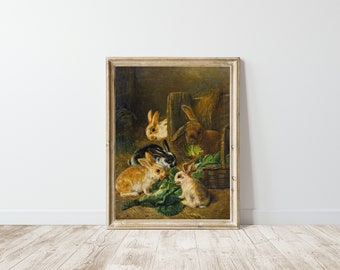 Arte de pared imprimible / Obra de arte de primavera / Pintura de conejo vintage / Impresiones digitales Arte de pared neutral / Impresiones de arte de Pascua Vintage / Impresión de conejitos