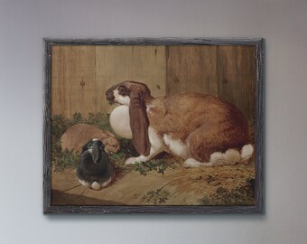 Vintage bunny print, momma bunny with babies, Rabbit print, digital download, vintage rabbit art, sprint art, bunny art