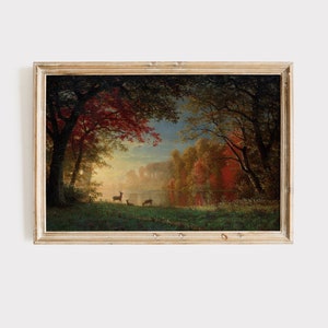 Vintage Wall art, Deer by lake in Autumn, Digital download, Printable wall art, vintage painting