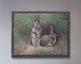 Vintage Rabbit Painting, Bunnies in grass,  Printable Digital Download, Vintage Bunny print, Vintage Rabbit Art, Spring art, Bunny Art