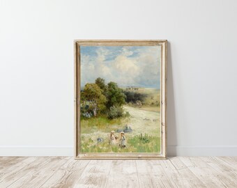 Printable Wildflower Field Landscape Oil Painting | Flower Meadow | Wildflower Field Digital Download | Wildflower meadow with children