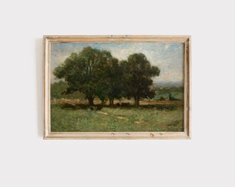 Farmhouse Decor | Printable Antique Farm Painting | Vintage Country Landscape Print | Vintage Farmhouse Art | Cow Painting