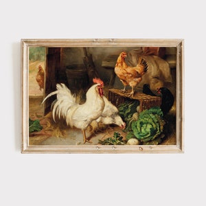 Vintage painting of chickens in barn with veggies, vintage wall art, printable wall art, farmhouse wall art,farmhouse decor country wall art
