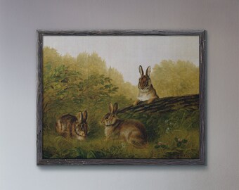 Conejitos en un prado, Descarga digital imprimible, Impresión de conejito vintage, Arte de conejo vintage, Arte de primavera, Arte de conejito