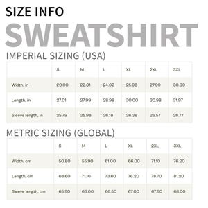 May include: Size guide for a sweatshirt, with imperial measurements in inches for the USA and metric measurements in centimetres for global sizing. The chart shows width, length, and sleeve length for sizes S to 3XL.