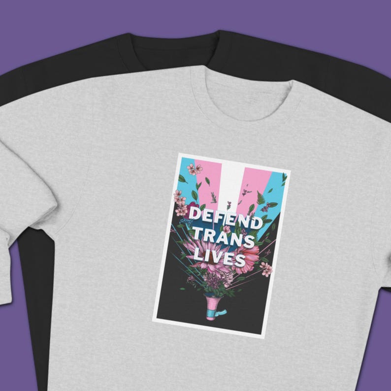 May include: A light grey sweatshirt with a graphic that reads "DEFEND TRANS LIVES". The graphic features a floral design with pink, blue, and white colours. A black sweatshirt is visible in the background.