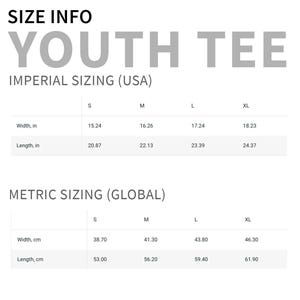 May include: Size information for a youth tee, including imperial sizing in inches for the USA and metric sizing in centimeters for global use. The chart shows width and length measurements for sizes S, M, L, and XL.