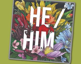 He/Him Pronoun Pin: Progress Pride Flag Floral Enamel Pin
