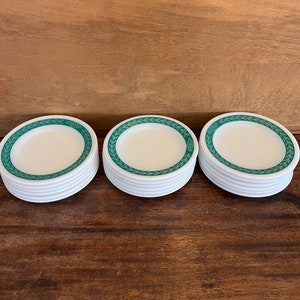 Vintage Pyrex Turquoise Laurel Leaf Banded Pyrex Restaurant Ware Saucers, c. 1960&#39;s -1970&#39;s