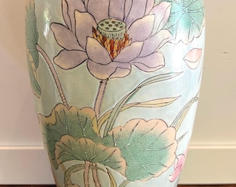 Vintage WBI Jar Vase 14” Chinese Hand Painted Pastel Lotus Flowers Blue Green