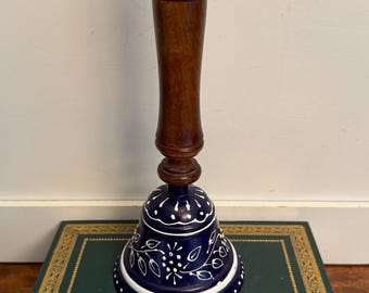 Vintage Hand-Painted Folk Art Dinner Bell – Blue Metal, Wood Handle, Farmhouse Decor