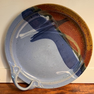 Vintage Signed Studio Pottery Platter Blue Rust Abstract Stoneware Handled Plate 12.5” Artisan Ceramic