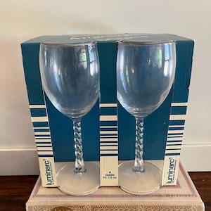 New in Box Vintage Luminarc France Clear Blown Twisted Stem Barware, Angelique Classic Modern Barware