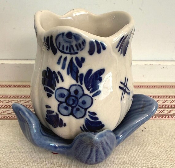Vintage Delft Blue Hand Painted Candle Holder Vase – Holland Style Floral Pottery – Mini Bud Vase w/ Insert – Blue White Decor