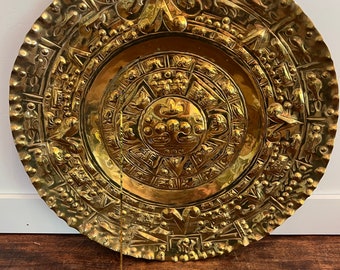 Vintage Hammered Brass Aztec Calendar Plaque - Tribal Sun Stone Wall Art (14 inches)