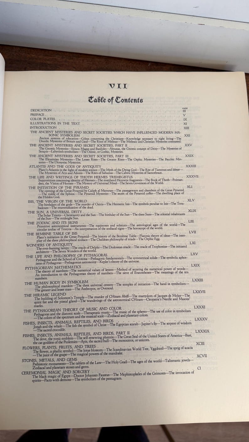 Może przedstawiać: Strona z książki zatytułowana &bdquo;Spis treści&rdquo; z tekstem wymieniającym r&oacute;żne tematy, w tym &bdquo;Starożytne tajemnice&rdquo; i &bdquo;Matematyka pitagorejska&rdquo;. Strona jest kremowa z czarnym tekstem.