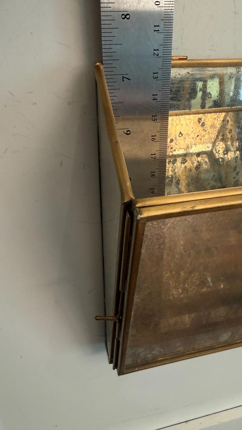 May include: A rectangular, brass-toned display case with mirrored glass panels. The case is approximately 7 inches long. The case has a hinged lid and a small latch. The case is empty.