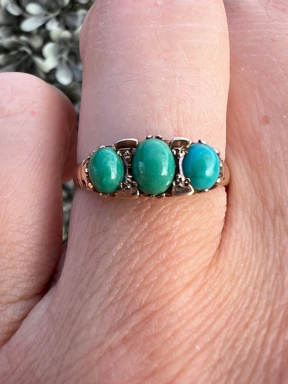 Antique 9k Gold Three Stone Turquoise Ring - image 1