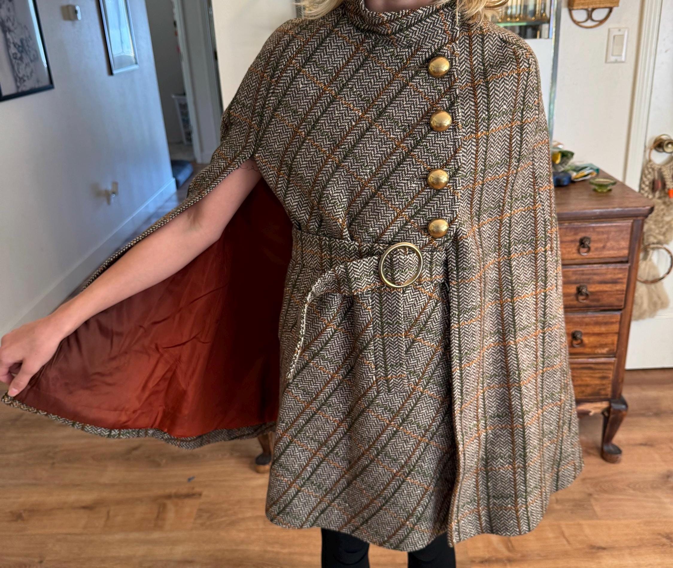 Women's Vintage Plaid Knitted Cape - Scottish Style Hooded Poncho Cardigan For Cold Weather