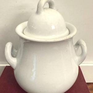 May include: A white ceramic container with a lid and two handles. The container has a rounded body and a flared rim. The lid has a small handle on top. The piece is sitting on a red surface.