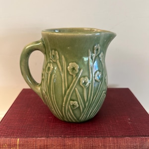 Antique Yellow Ware Green Floral Pottery Pitcher/creamer w/Handle - Floral Design - 4” tall
