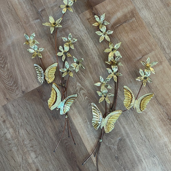 Pair Vintage Brass Metal Leaves Spray With Butterflies Branch Wall Hanging Decor
